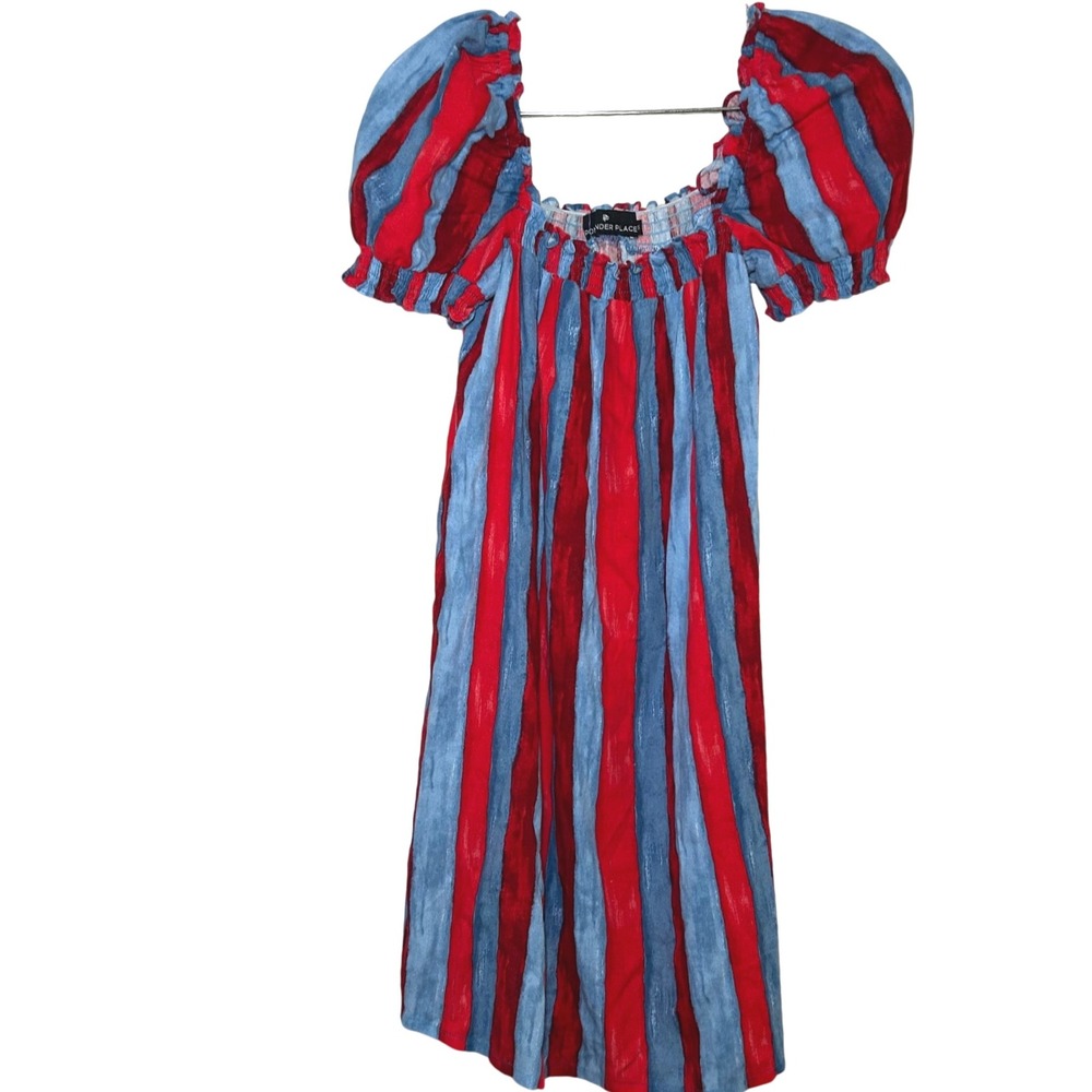 Pomander Place Red Blue Stripe Puff Sleeve Smocked Off Shoulder Midi Dress XS